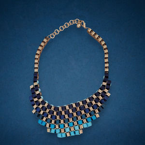 Box metal chain blue ombre ribbon woven statement necklace